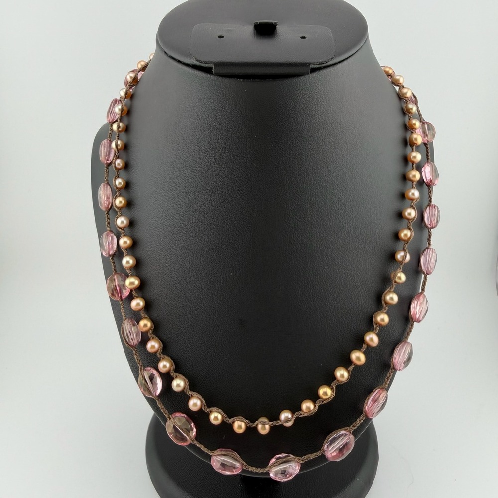 Love Heals Long Beaded Necklace 36" Pink Champagne Pearl Boho Flower Clasp